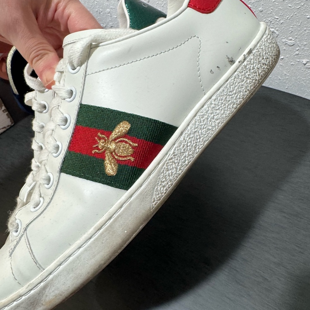 Gucci White Leather Sneakers with Green & Red Web and Gold Bee - Picture 7 of 12